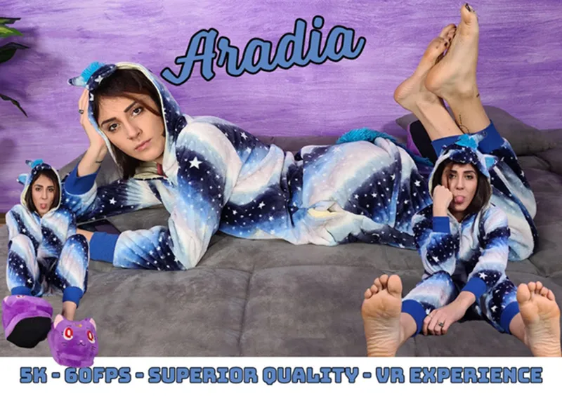 Stunning Aradia In A One-Piece Hooded Pajama And Purple Slippers VR Adult Videos
